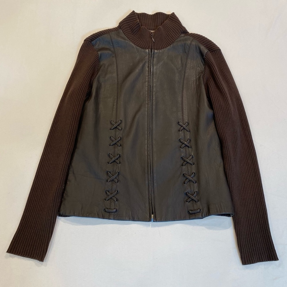 Vintage 90s Brown Leather and Cotton Knit Women's Jacket, Grunge Downtown Girl